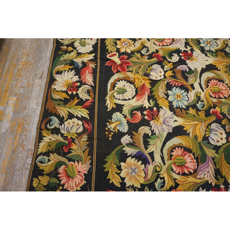 European Floral Design Black Antique Oversize Flat Woven French Needlepoint Rug