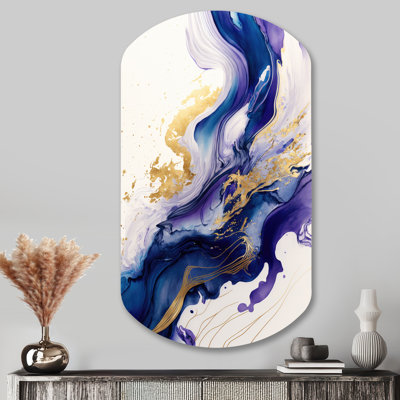 «Blue and Gold Splash Paint IV - Abstract Spirals Cylinder», art mural en métal pour le salon, impression asymétrique bleue sur métal