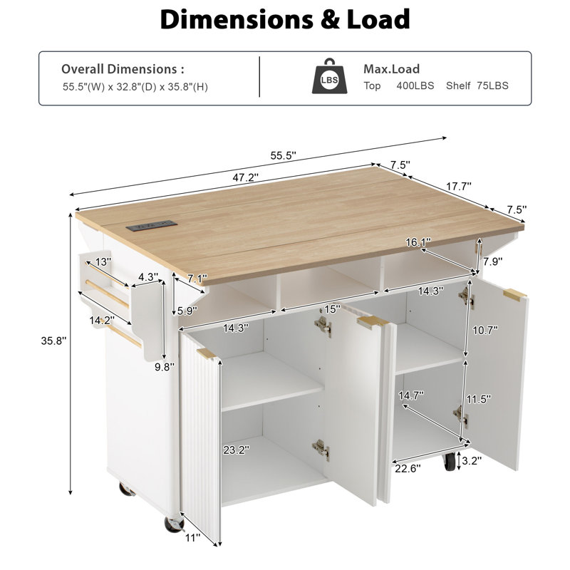 55.5" Fluted Kitchen Island With 2 Drop Leaf, Kitchen Storage Cart With Power Outlet, 4 Doors, Spice Rack, Rolling Island Table With Wood-grain Top, Curved Edge For Kitchen, Dining Room,white