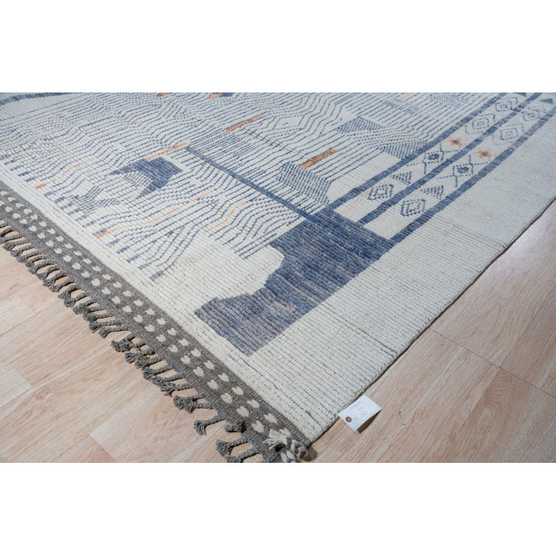 8x11 Ivory Hand-Knotted Wool Linear Maze Motif Tribal Modern Contemporary Carpet Rug