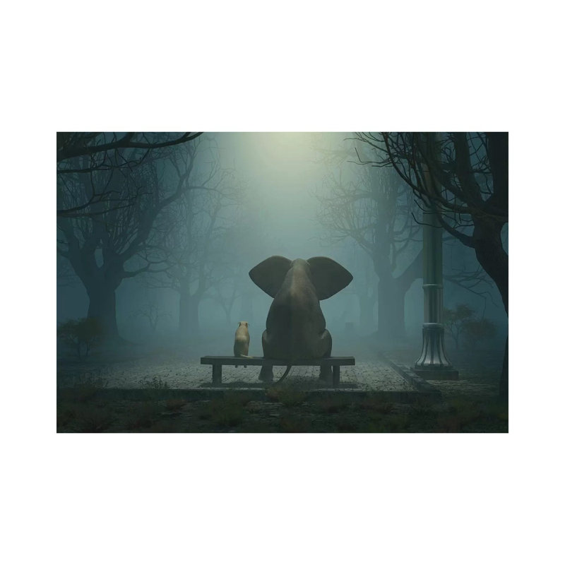 Elephant and Dog Sitting in a Gloomy Park 1 Piece Wrapped Canvas Wall Art, 20.32 cm H x 30.48 cm W