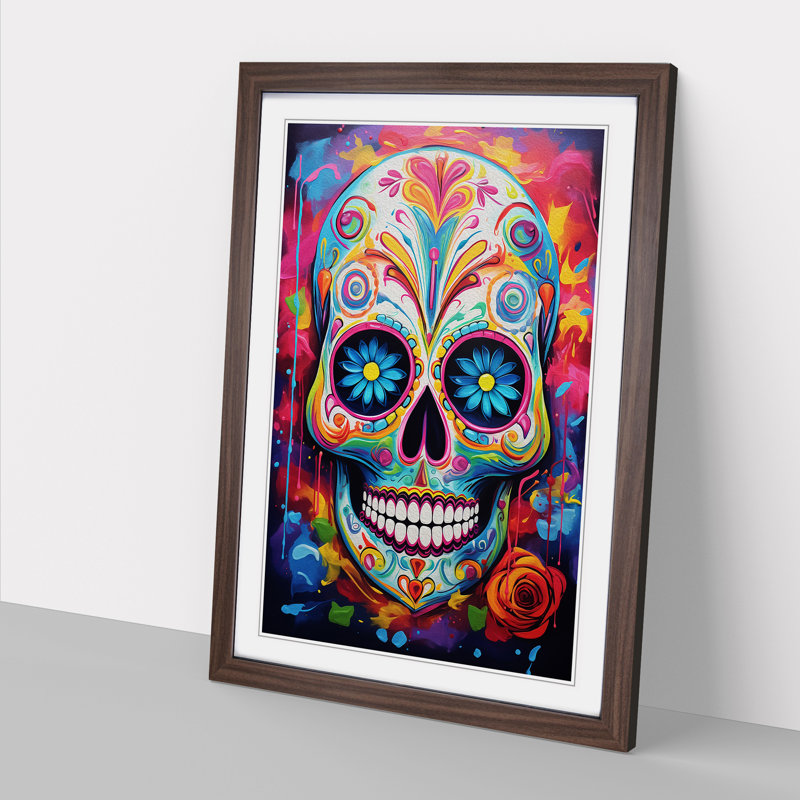 Sugar Skull Abstract - Single Picture Frame Print on Wood, 34cm H x 25cm W x 2cm D, Walnut