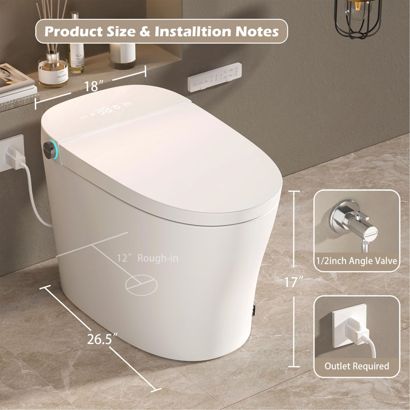 Toilette intelligente avec bidet intégré, toilette à ouverture et fermeture automatique à une pièce ADA, siège chauffant, lavage avant et arrière, affichage à DEL, veilleuse, installation brute de 12 po