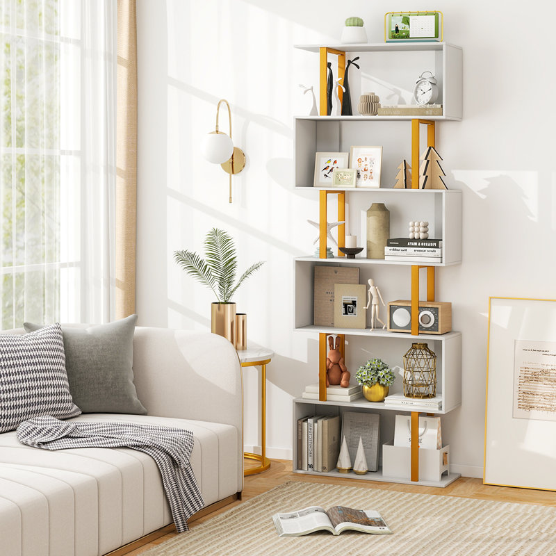Geometric Bookcase S-Shaped Bookshelf w/ Metal Frame Gold, (6 Shelves) 74.5"H x 27.5"W x 9.5"D