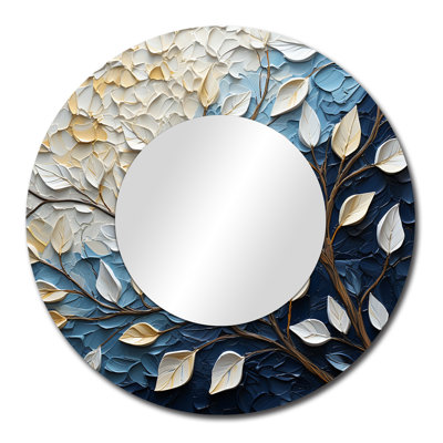 «Satoshi Leaf and Flower Charm In Winter II» - miroir à feuilles, miroir mural décoratif rond traditionnel, impression d'art en métal