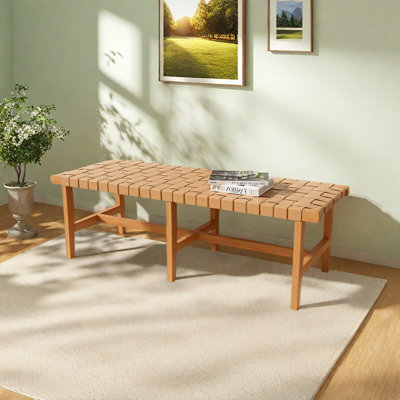 Élégant banc de chambre en bois d'acacia avec siège en similicuir