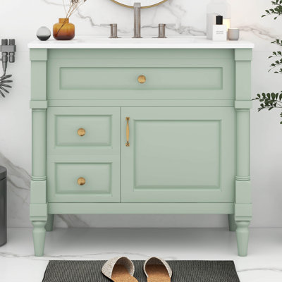 Meuble-lavabo sur pied 36 po avec lavabo, armoire de salle de bain autoportante avec vasque en céramique, tiroir rabattable, tablette réglable, 2 tiroirs