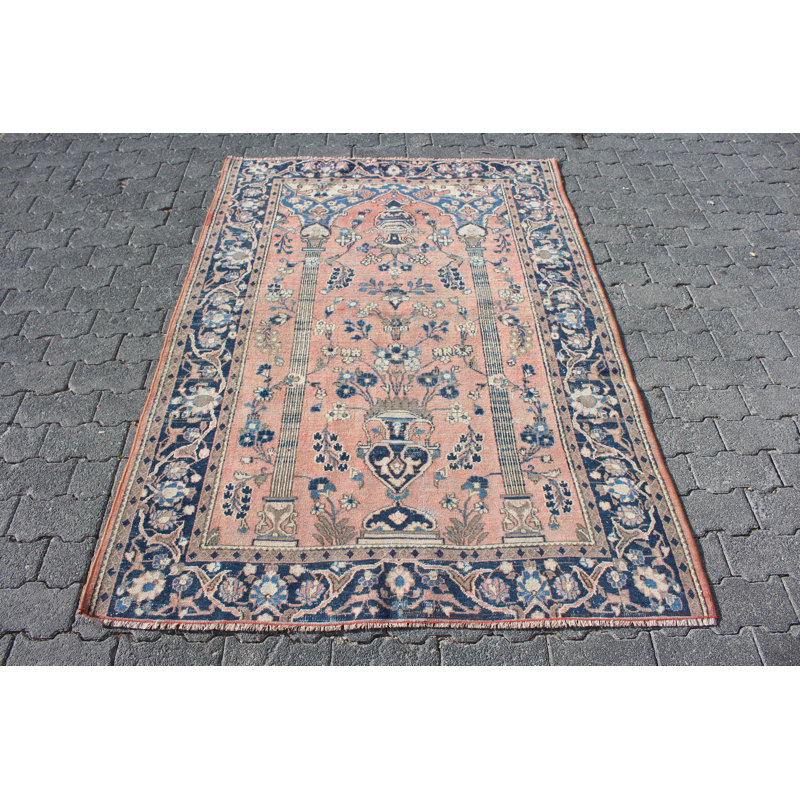 Tapis turc Oushak tissé à la main: exquis tapis rose en laine rétro, parfait pour les cadeaux