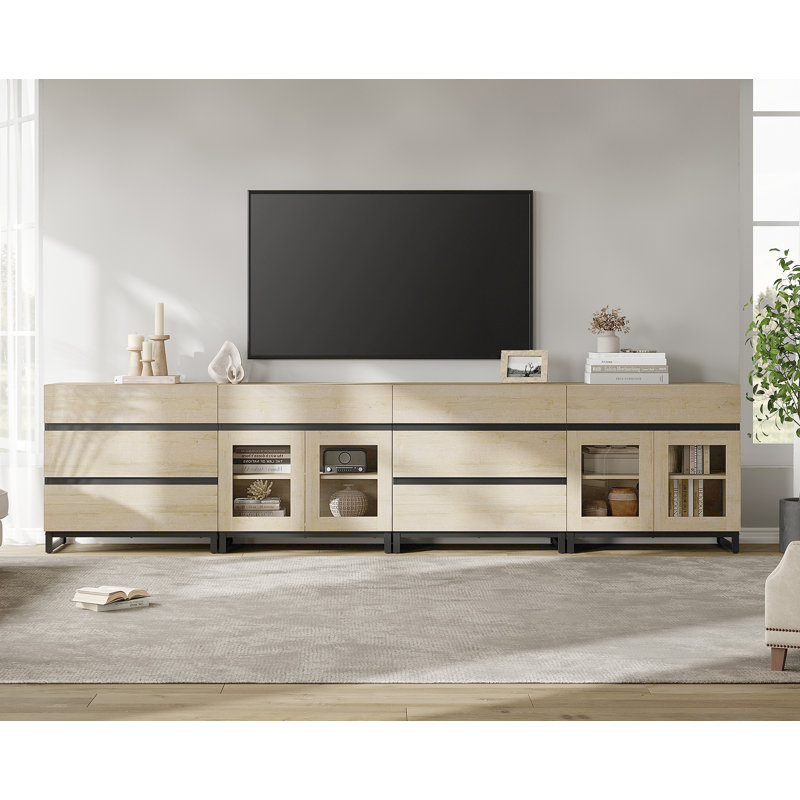 Modern 4 In 1 TV Stand For Tvs, TV Console With Glass Doors And 8 Drawers, Entertainment Center With Adjustable Shelf For Living Room