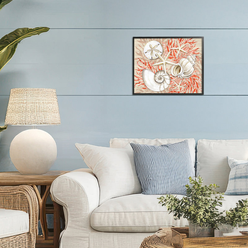 Giclée encadrée de coquillages blancs corail, design par Paul Brent, H 11 po x l 14 po, Giclée encadrée noir minuit