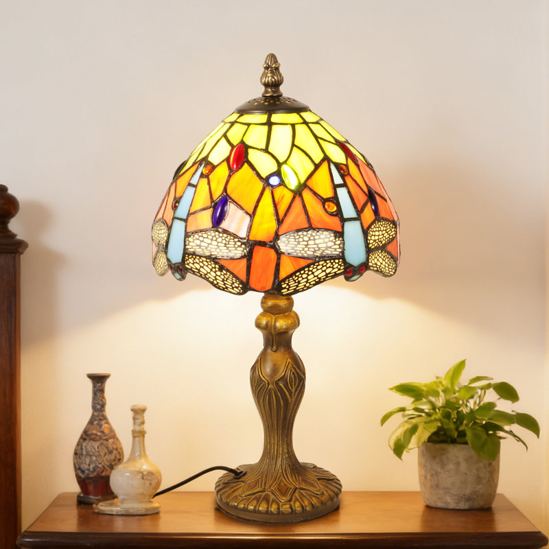 Vintage Tiffany Dragonfly Table Lamp, Stained Glass Shade & Antique Bronze Resin Base, E26 Warm Light Bulb Included