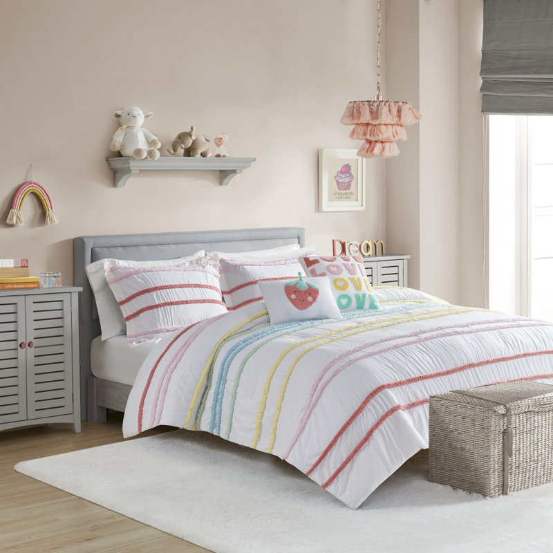 Haisley 100% Cotton Comforter Set with Chenille Trim, Full / Queen Comforter + 2 Shams + 2 Throw Pillows, Pink