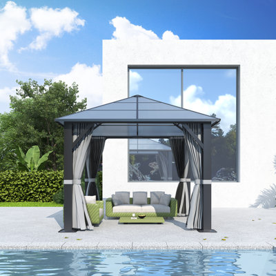 12 pi. L 10 pi. D Pavillon de jardin en polycarbonate pour l'extérieur - Pavillon de jardin à structure en acier avec filets et rideaux