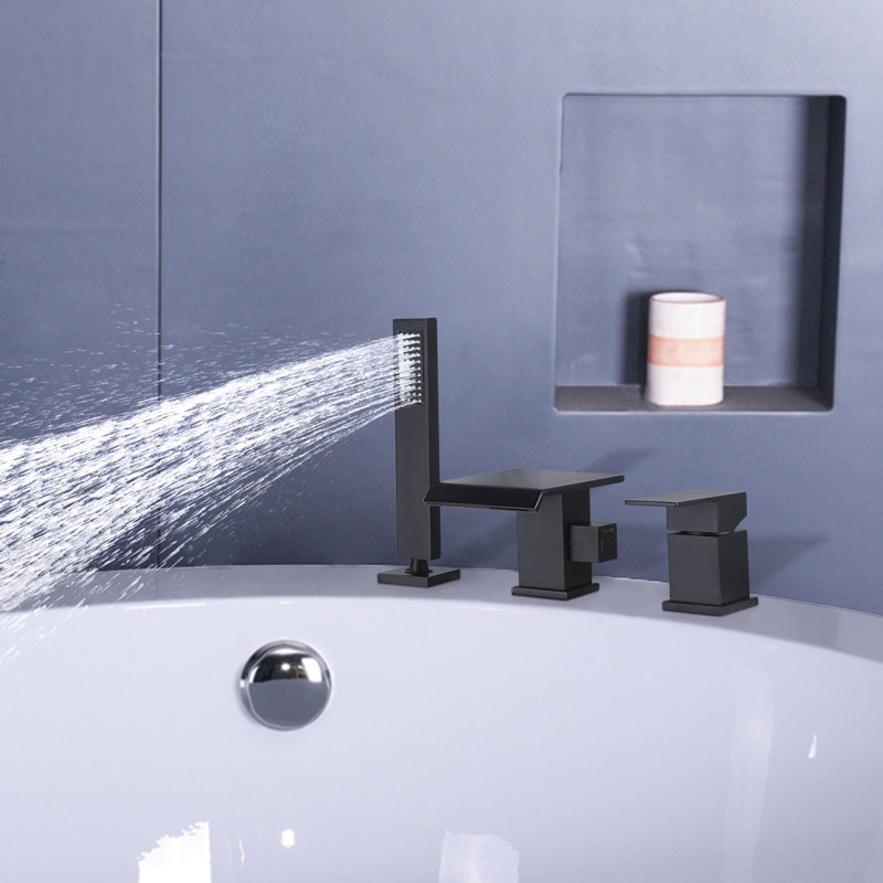 Robinet de baignoire cascade monté sur le pont avec douche à main Robinet de baignoire 3 trous à poignée simple Robinet de baignoire noir mat en laiton avec valve