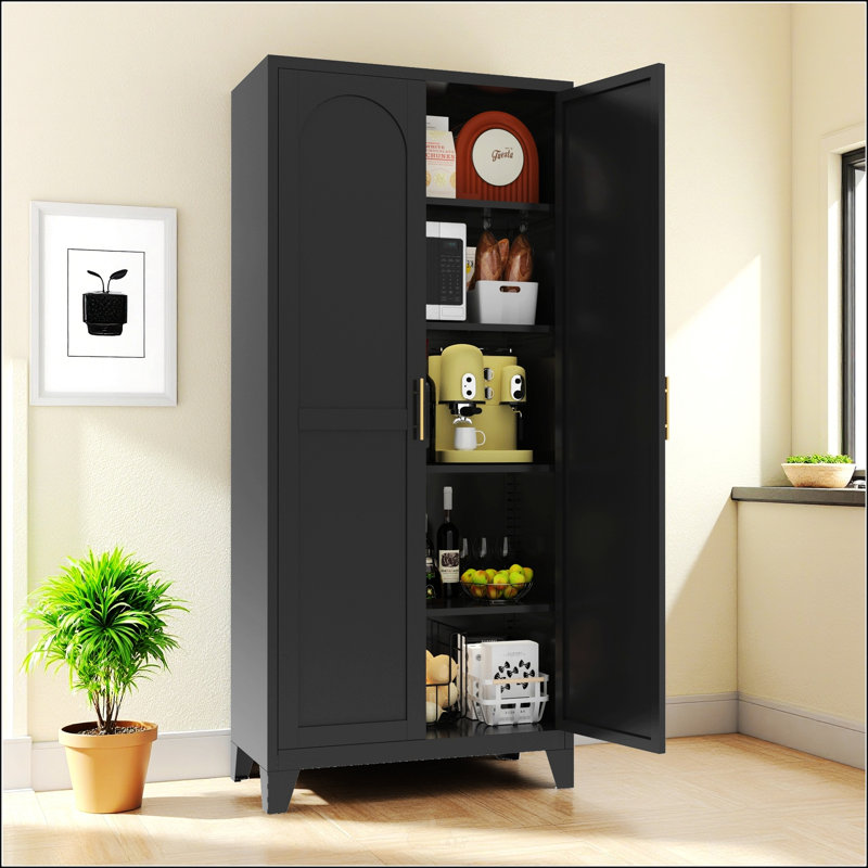 Armoire de rangement en métal durable avec tablettes réglables et portes galbées, pour des espaces de vie organisés, Noir