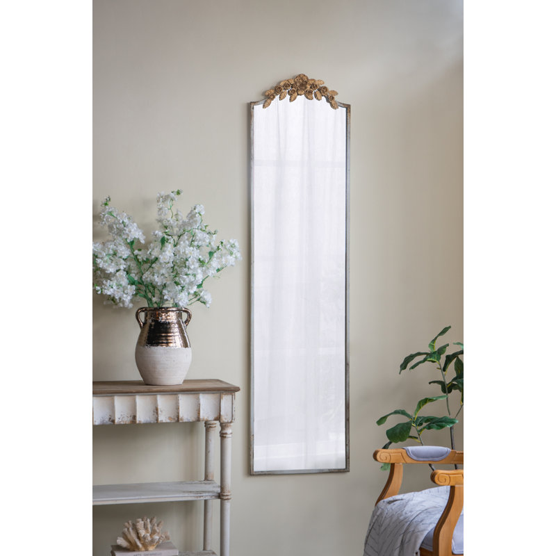 Large Rectangular Full-length Mirror With Distressed Ivory Frame And Gold Floral Crown, Irregular, 71" H x 18" W