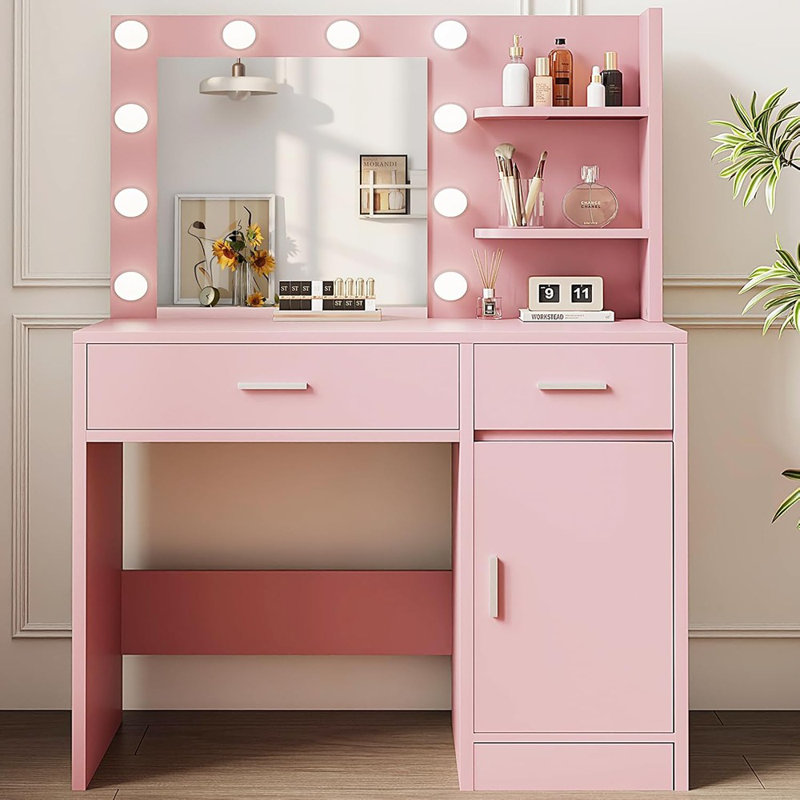Bureau de coiffeuse avec miroir et lumières, coiffeuse de maquillage avec tiroir et tablettes de rangement, armoire, 3 modes d'éclairage à luminosité réglable, coiffeuse de chambre à coucher, rose par Boahaus