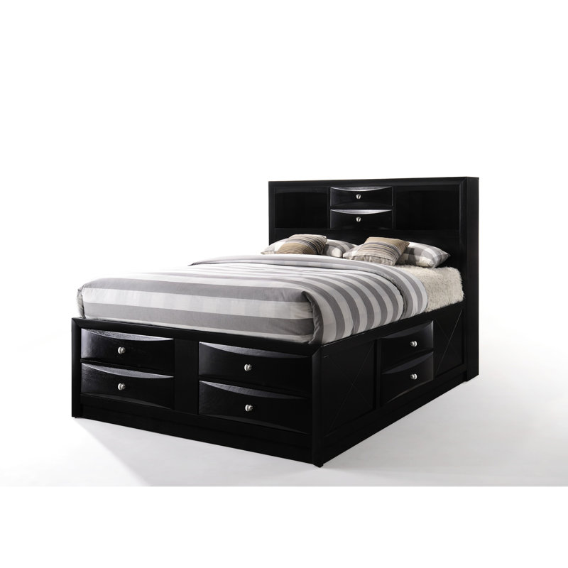 Grand lit noir avec tête de lit bibliothèque et rangement à 8 tiroirs, 5 lattes, lit de rangement à finition de poids de 660 lb, tête de lit rectangulaire, convient aux matelas de 10 po