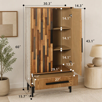 Armoire de rangement de 60 po de hauteur avec tiroir, 2 portes décoratives avec motif en ligne droite, armoire d'appoint en bois avec pieds irréguliers en fer pour le salon, le couloir et la salle à manger