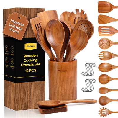 Mooues cuillères en bois pour la cuisine, ensemble d'ustensiles de cuisine en bois de teck 12PCS avec repose-cuillère - fini lisse, antiadhésif, prise confortable, ensemble d'ustensiles de cuisine résistants à la chaleur