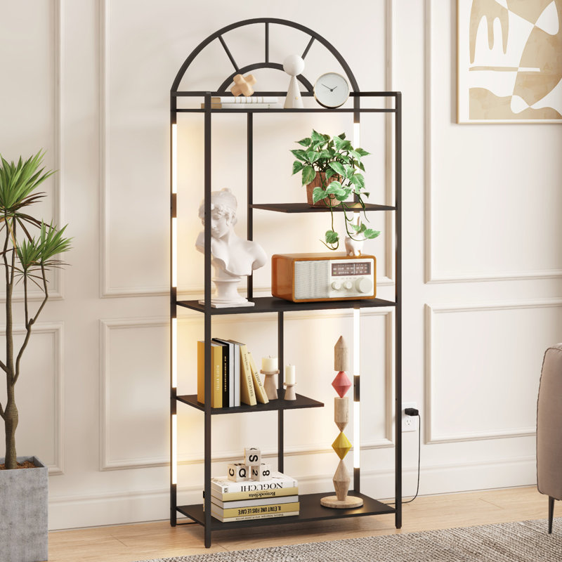 Arched Geometric Led Display Shelf With Adjustable Colour Temperature, Brightness Control, Etagere Bookshelf With Metal Frame And Wood Shelf For Living Room, Bedroom, Curio Cabinet, Black