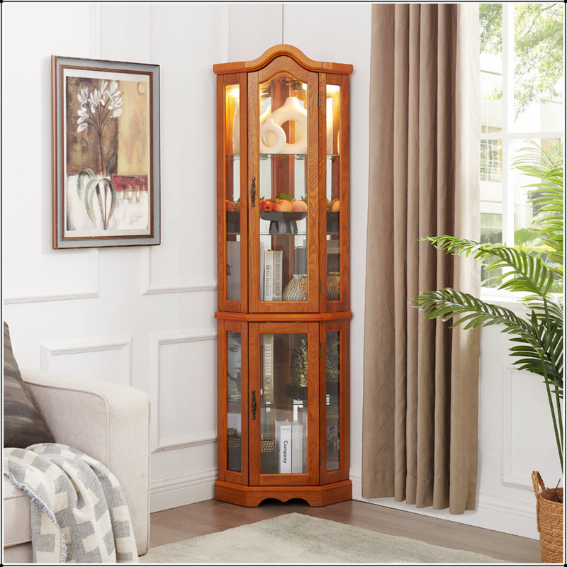 Armoire vitrée pour rangement en coin avec porte à pousser, finition cerisier, idéale pour exposer des objets de collection et économiser de l'espace