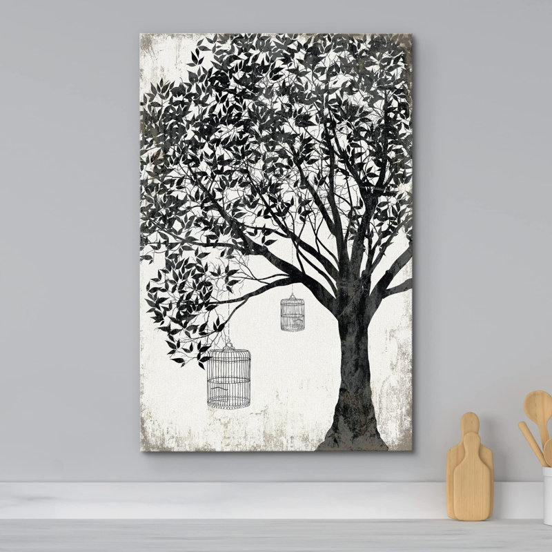 Arbre noir et blanc sur fond rustique avec des cages à oiseaux, H 48 po x l 32 po, Toile tendue
