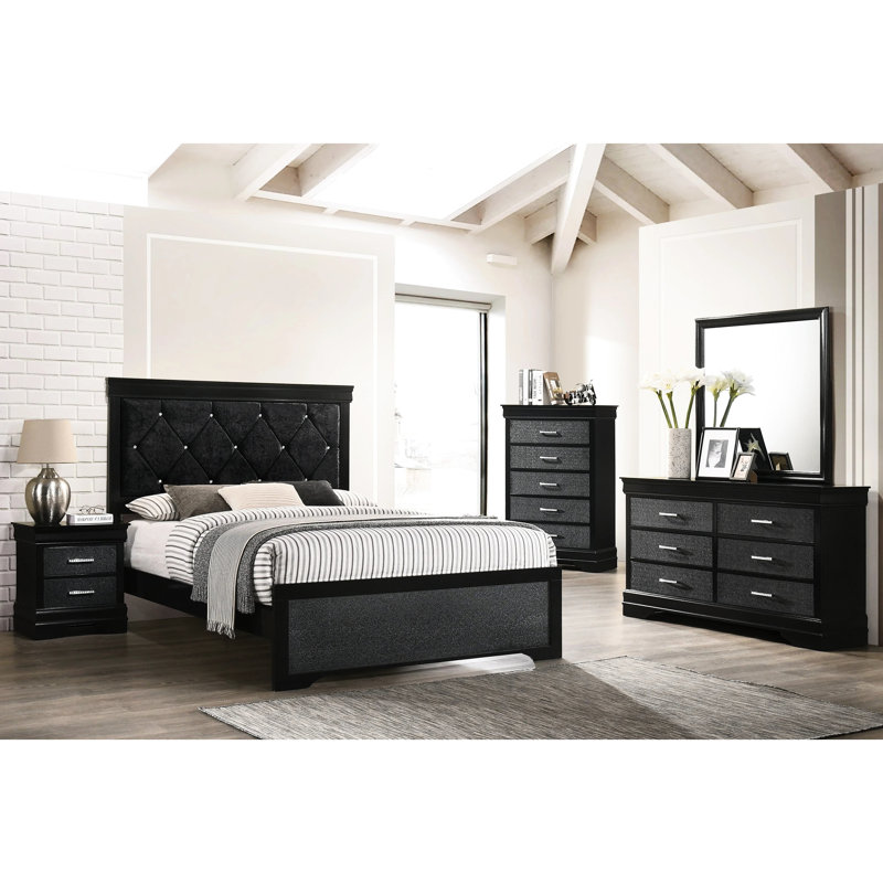 Lit simple tapissier de style moderne avec finition noire - Bois de chambre à coucher et fabrication