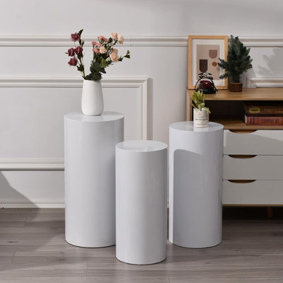3Pcs White Cylinder  Metal Display Pedestal Stand for Christmas Party Wedding Birthday Decoration (23.6 inches 25.6 inches 27.6 inches Tall)