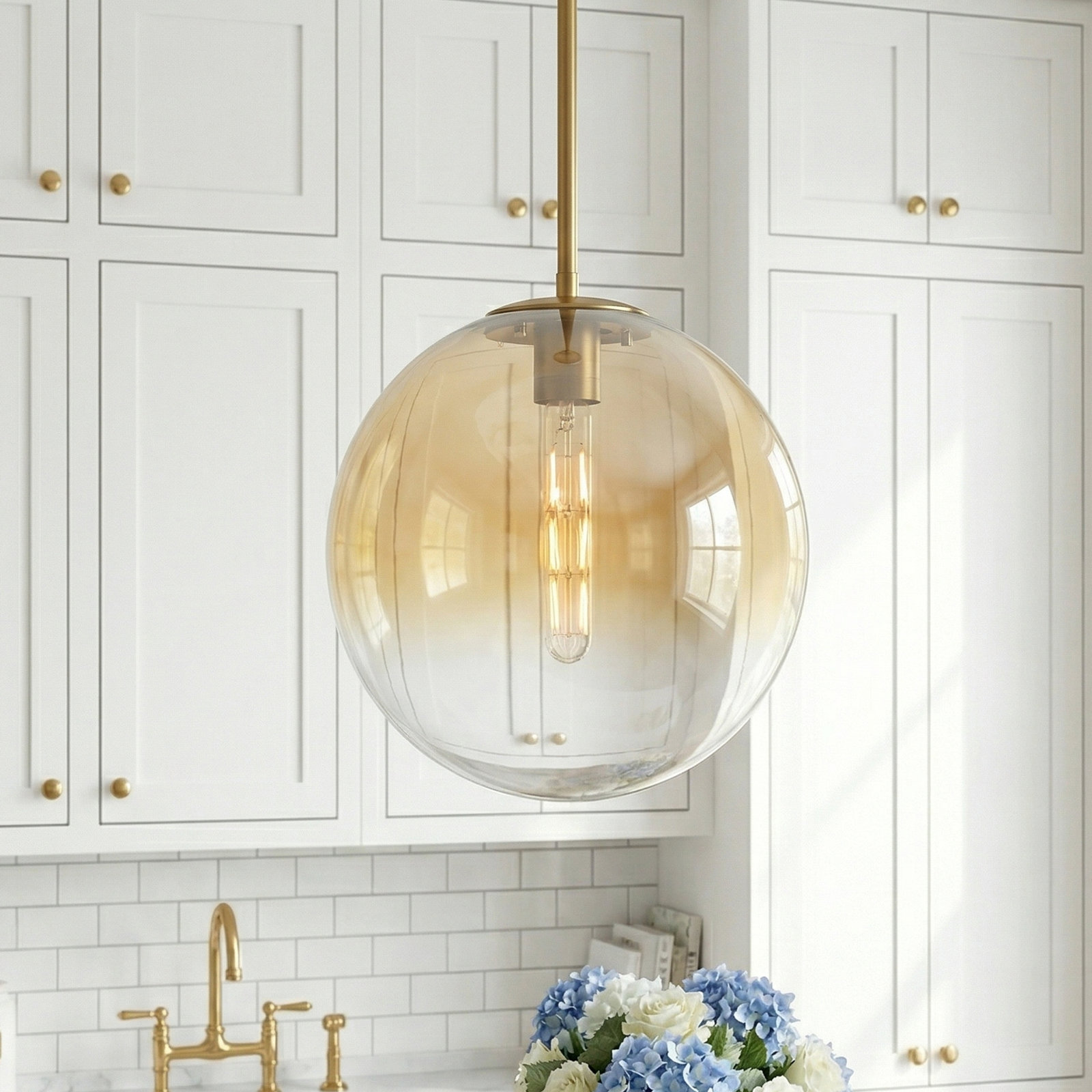 12" Glass Pendant Light, Clear, Brushed Gold