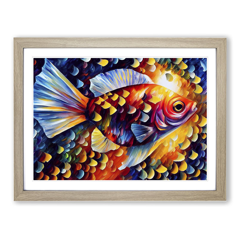 Fish Vol.1 Abstract 1 Piece Single Picture Frame Wall Art, 34cm H x 46cm W x 2cm D, Oak