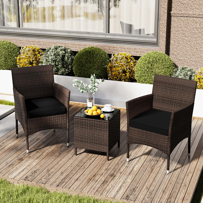 3 Pcs Outdoor Conversation Set With Cushioned Seat & Tempered Glass Tabletop, Black