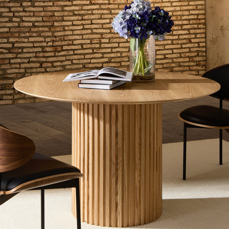 Table de cuisine de style Mid-Century moderne, 47,49 po, finition chêne, facile à nettoyer et pratique, diamètre de salle à manger, fabrication fiable