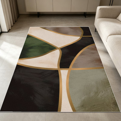 1PC modern gold trimmed curved earth tone geometric abstract area rugs for Living Room, Soft and Comfortable, Suitable for all seasons, easy-to-maintain, machine washable Indoor floor mat, Under Table Farmhouse suitable for dining table, bedroom,