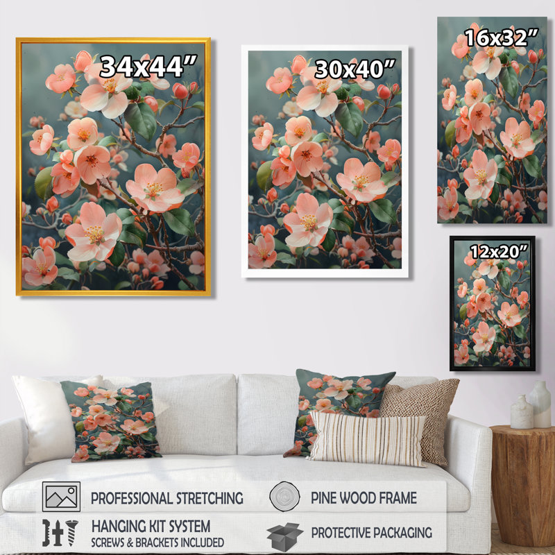 «Pink Grey Tender Bloom, Apple Blossom II», reproduction d'art murale, Toile tendue, H 24 po x l 32 po