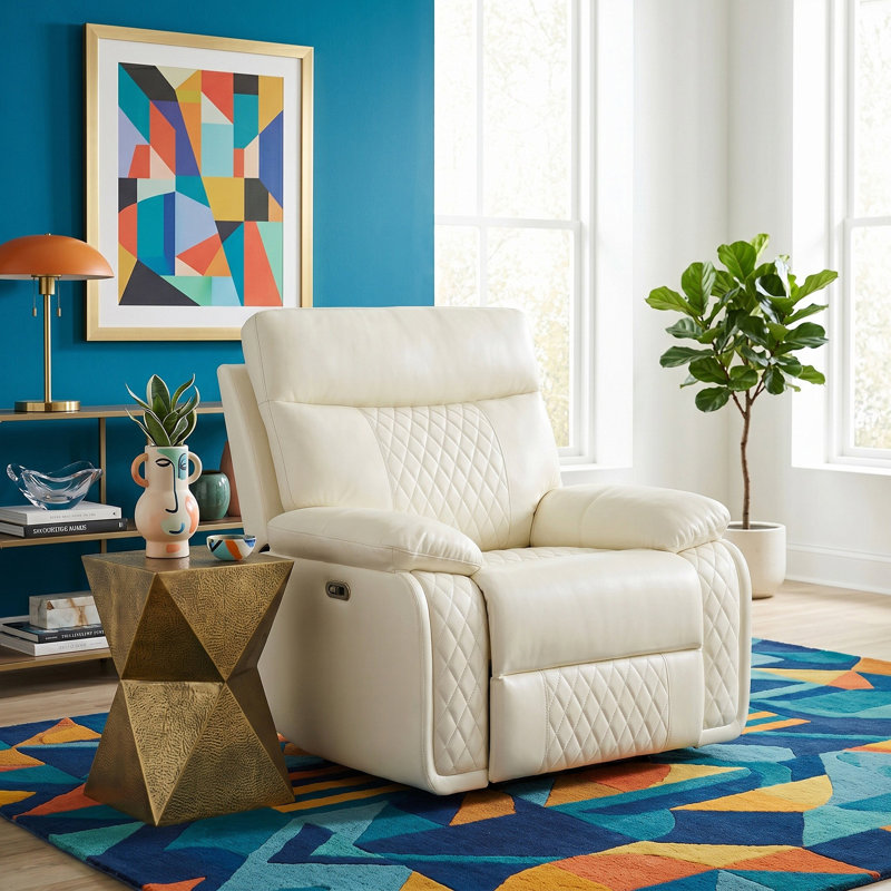 Arvella White Vegan Leather  Reclining  Chair With Cup-Holders And LED Lights
