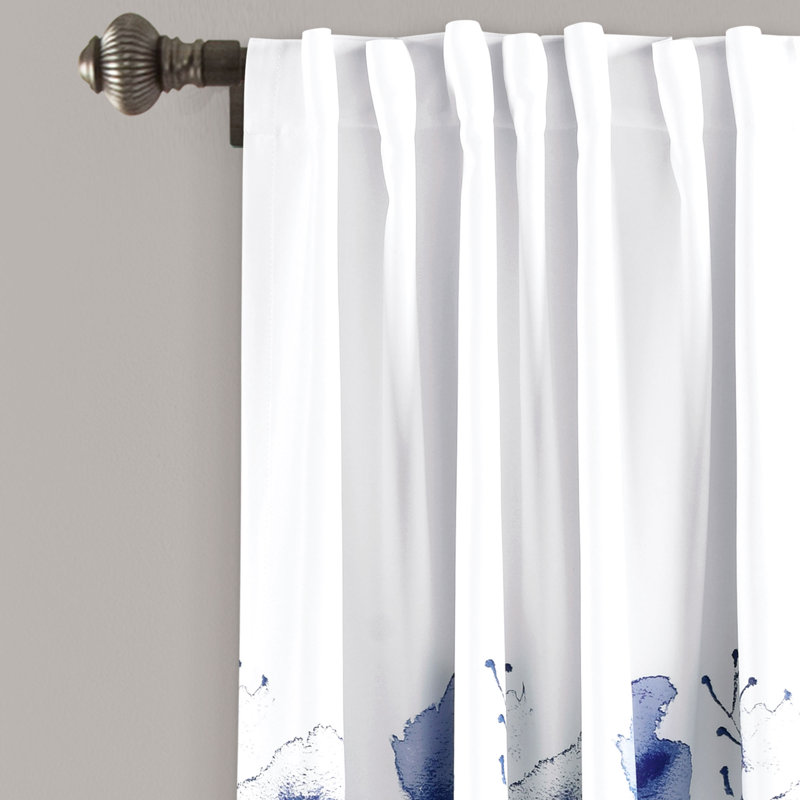 Navy Floral Room Darkening Polyester Window Curtain Panels
