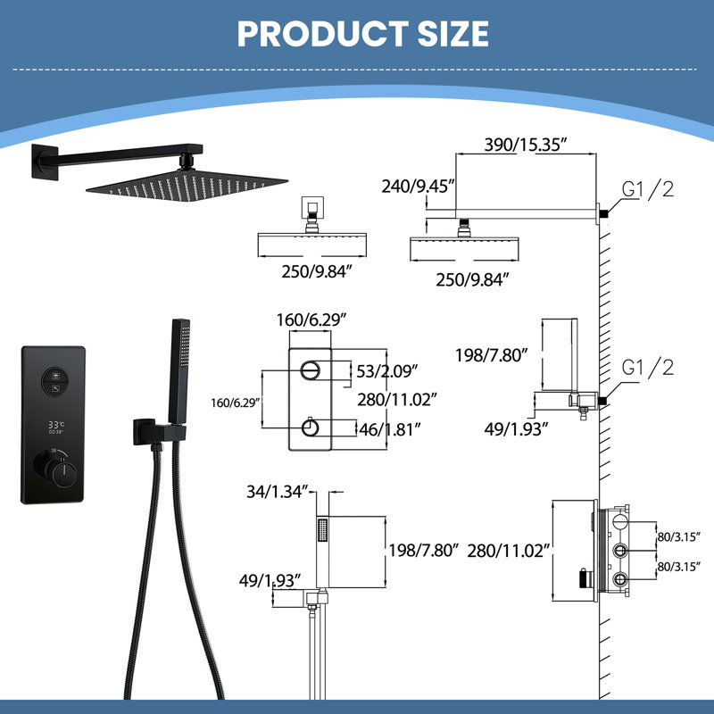 9.84" Solid Brass Thermostatic Complete Shower System with Rough in-Valve, Black