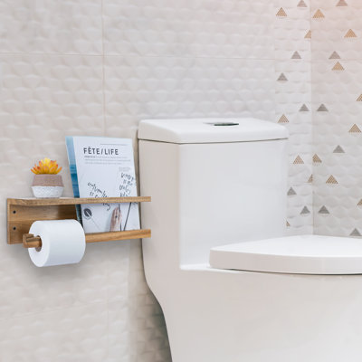 Acacia Wall Mounted Toilet Roll Holder with Magazine Rack