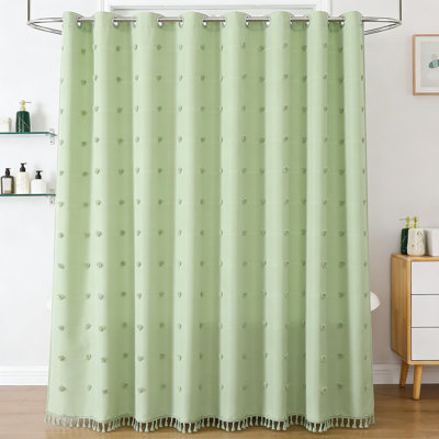 Farmhouse Fabric Shower Curtain With Tufted Pleat And Floral Puff Design, Textured Tassel Trim, Rustic Vintage Style For Bathroom Decor, Includes Hooks, Water Resistant Polyester