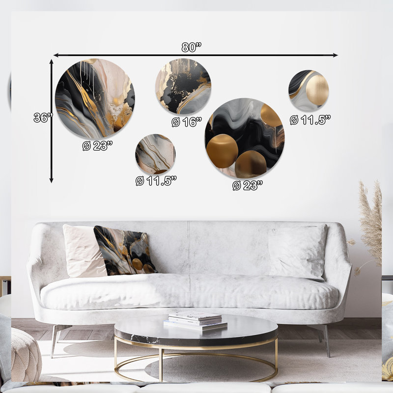 Ensemble de 5 décorations murales en marbre gris et doré captivant
