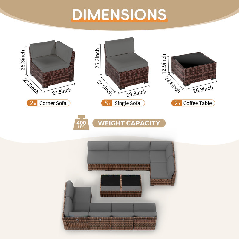Ensemble de conversation modulaire en rotin pour 10 personnes avec coussins, Gris