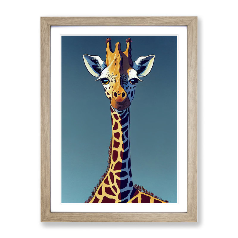 Giraffe Cartoon - Wall Art, 34cm H x 25cm W x 2cm D, Oak Framed
