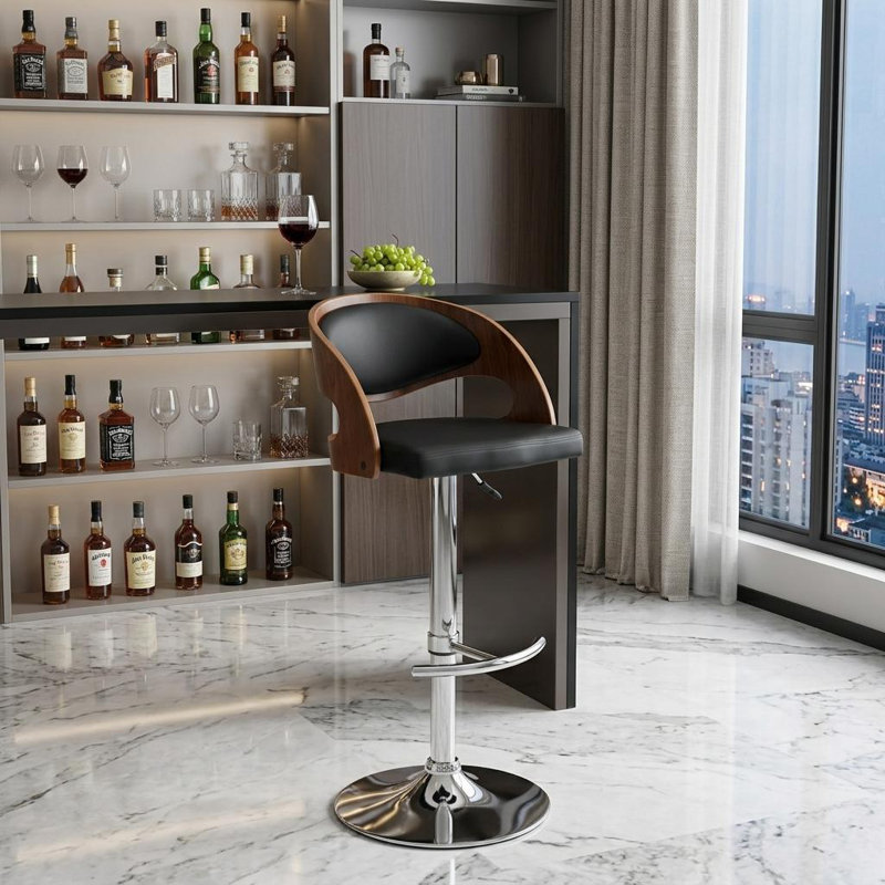 Chaise de bar pivotante noire et argentée en similicuir et chrome, Noir, noir, noir, noir