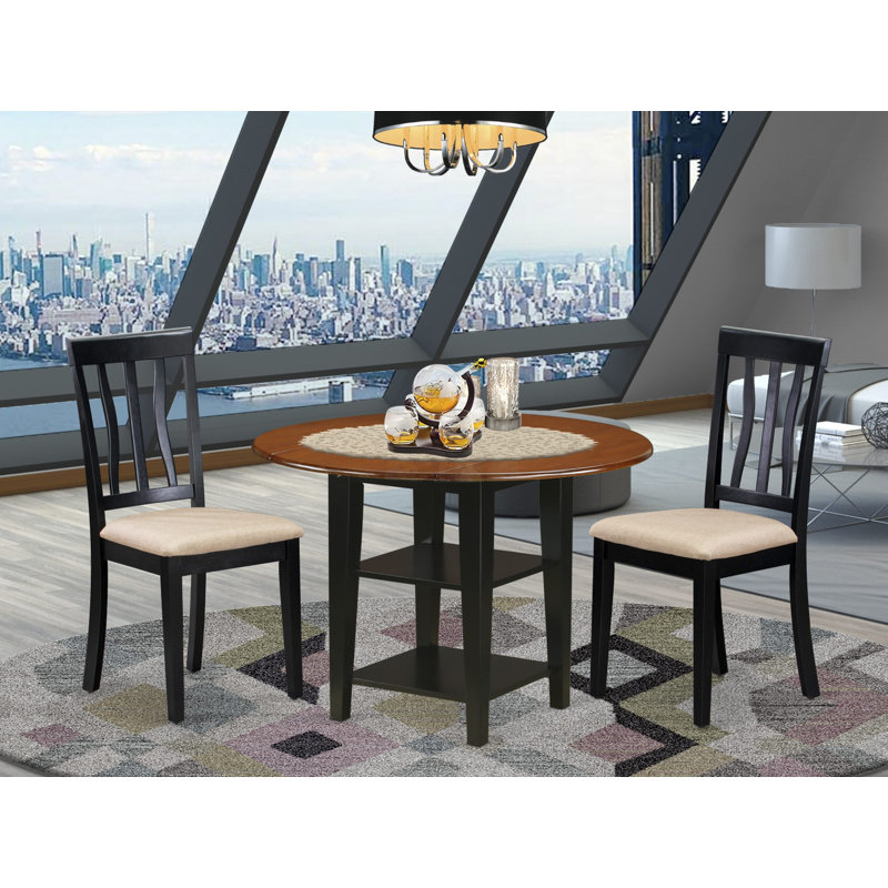 Ensemble de salle à manger 3 pièces comprenant une table ronde avec abattant et étagères et 2 chaises rembourrées en lin, 107 x 107 cm, noir et cerisier