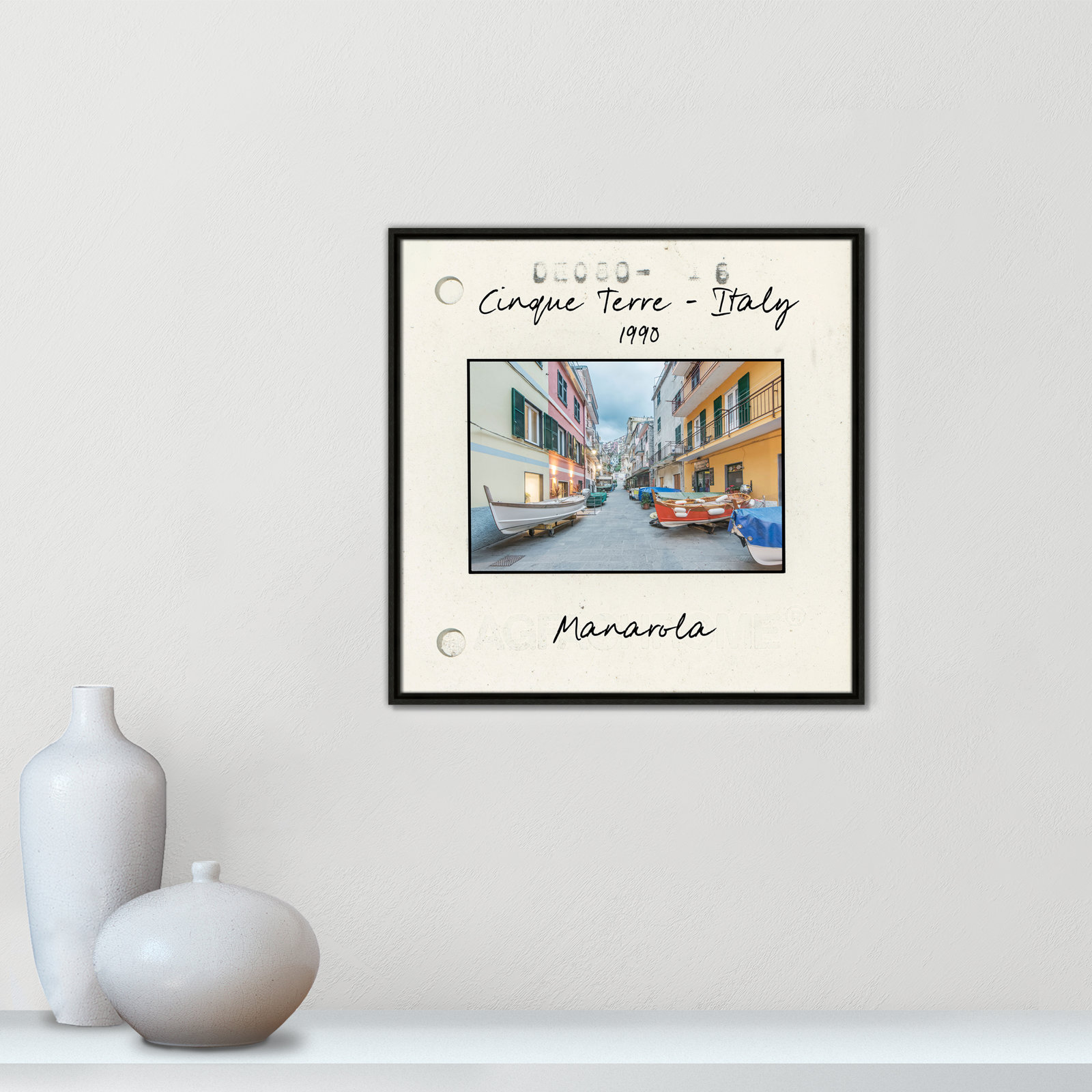 Travel Slide Collection "Cinque Terre - Manarola" Print, Espresso Floater Framed Canvas, 25.5" H x 25.5" W x 2" D