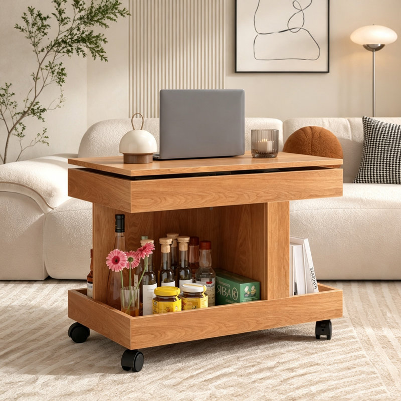 Table d'appoint mobile mobile avec bureau pivotant à 360 ° et rangement, Naturel
