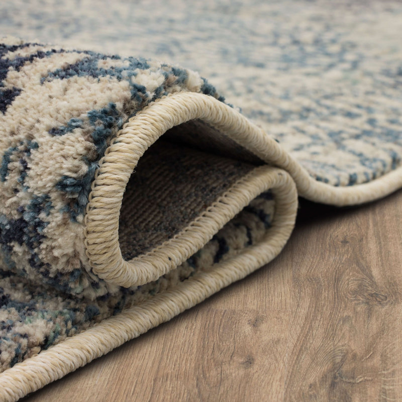 Gray and Blue Floral Synthetic Runner Rug