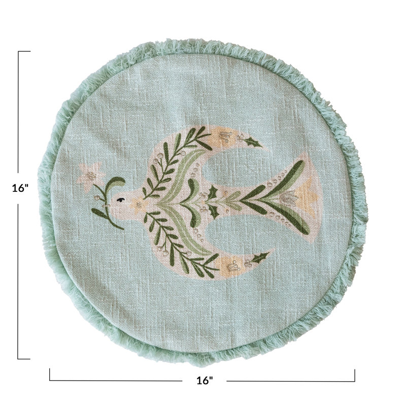 Round Multicolor Cotton Embroidered Dove Throw Pillow