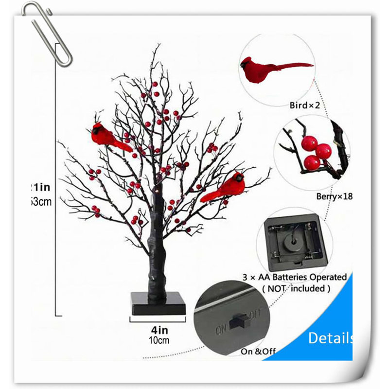 21In Black Birch Tree With 60 Led Lights, Twinkle Tree Lamp With Lighted Branches, Fairy Light Spirit Tree With 2 Red Birds For Room Decor, Easter, Halloween, Thanksgiving, Christmas, New Year, Etc.